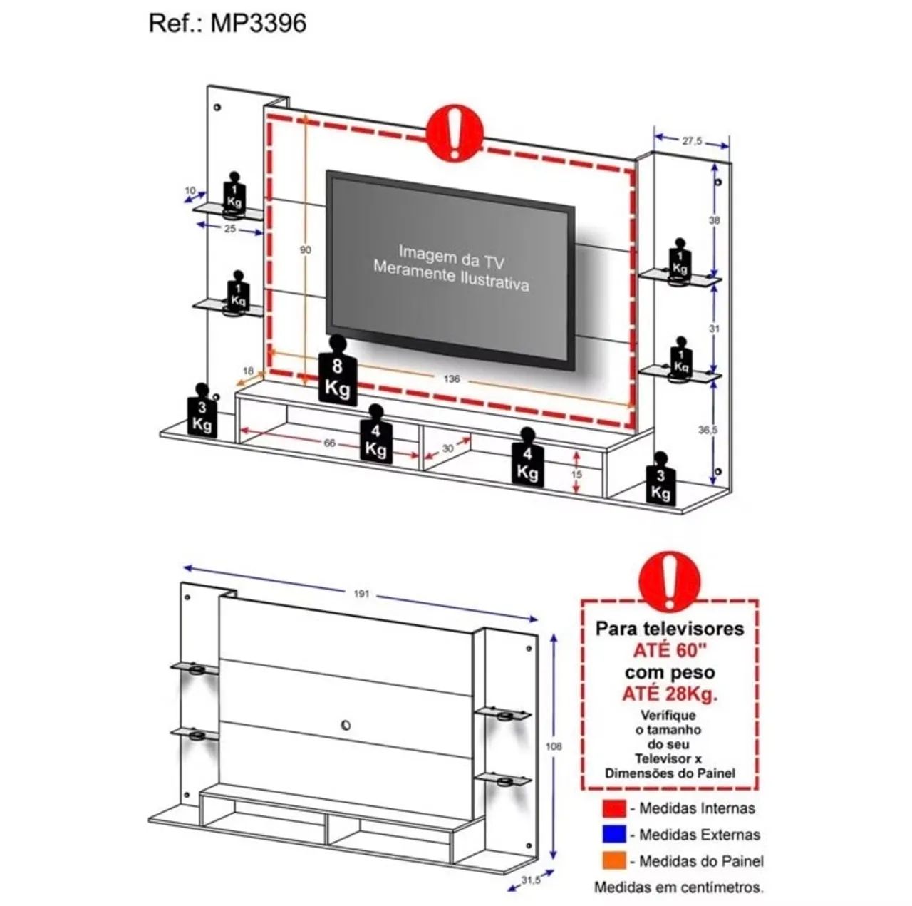 Painel de Tv até 60 polegadas com 4 LEDS e prateleiras de vidros. - Foto 3