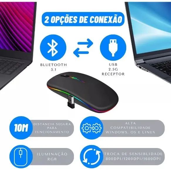 Mouse Sem Fio Led Rgb Recarregável Bluetooth E Usb Tablet Pc - Foto 5