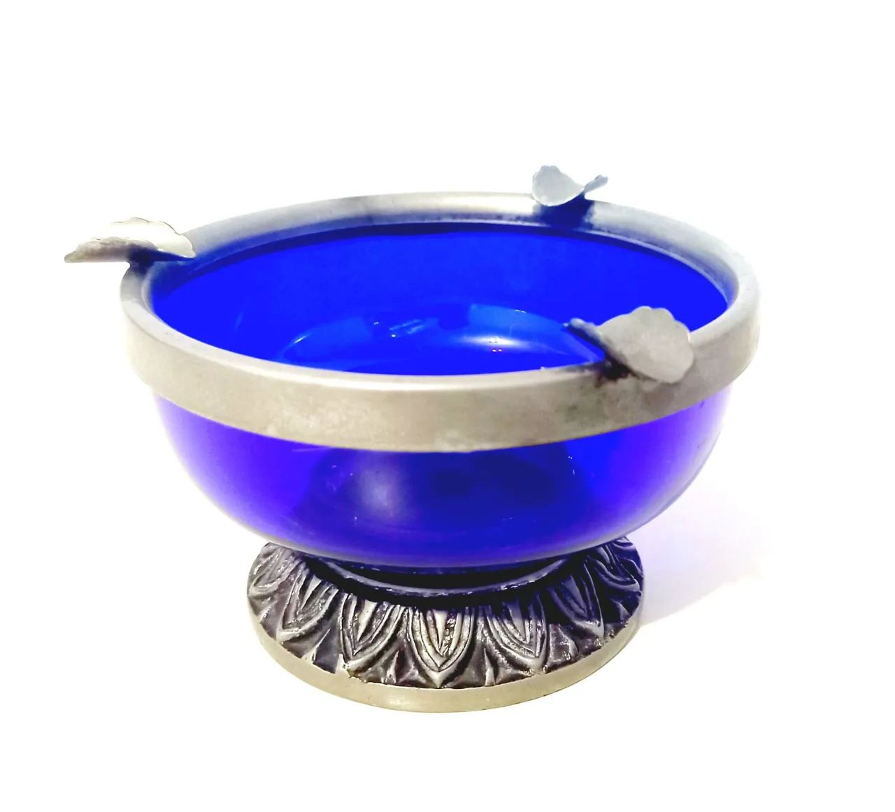Antigo Cinzeiro em Vidro Azul e Metal Prateado