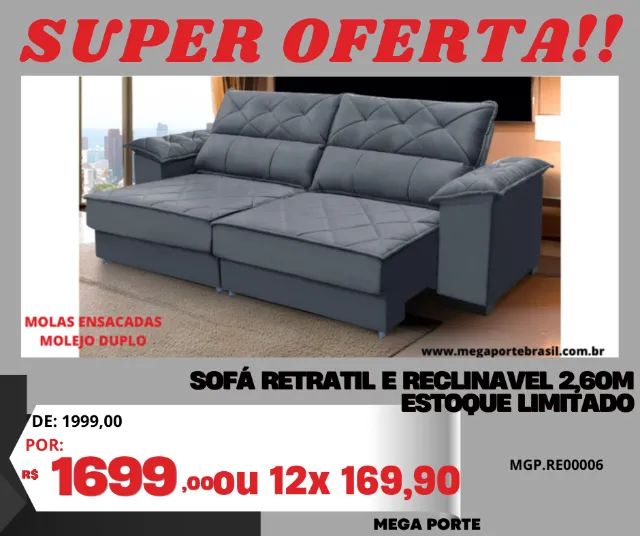 Sofá Retrátil e Reclinável 2,60m Molas Ensacadas Estofado Liquida