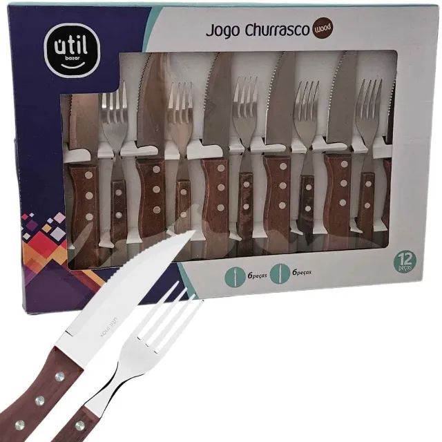 Faqueiro Cabo de Madeira Aço Inox 12 pçs Churrasco Faca Garfo de Mesa Buffet festa Oferta