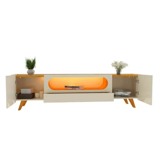 Rack Nobre para TV até 85 Polegadas 2 Portas 1 Gaveta com LED Gelius Off White Nature - Foto 2