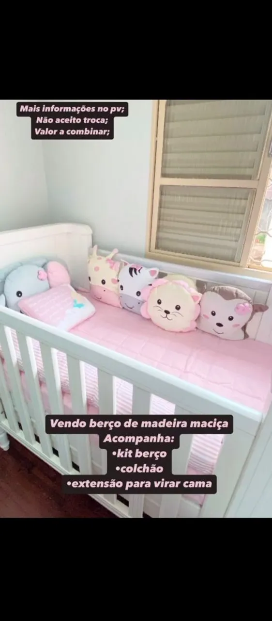 Berço de madeira maciça com kit e colchão