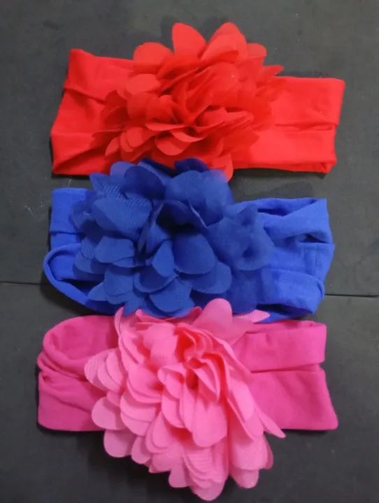3 Faixas de Cabelo com Flores - Vermelha, Azul e Rosa