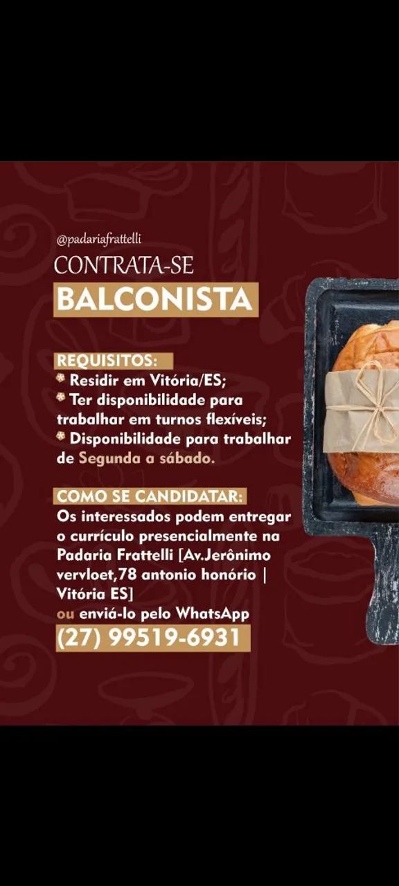 Contrata-se Balconista de padaria 