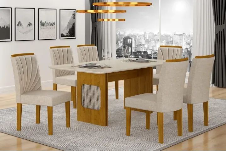 Conjunto Mesa de Jantar 1,60 c/ 6 cadeiras MDF Tampo Smart Lara