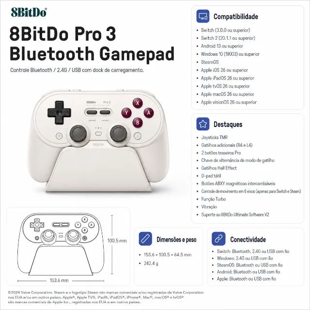 Controle 8BitDo Pro 3 Bluetooth 2.4G USB com Dock G-Classic - Foto 4