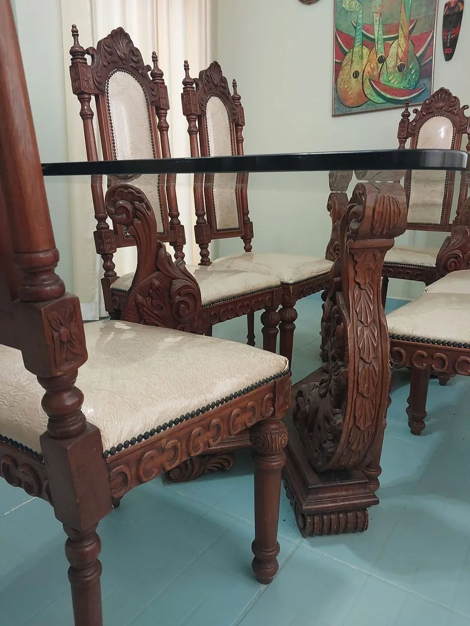 MESA DE JANTAR COLONIAL MADEIRA MACIÇA + 6 CADEIRAS -  - Foto 4
