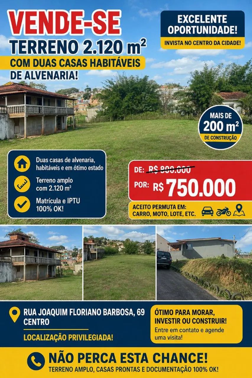 TERRENO 2120MTS COM DUAS CASAS NO CENTRO!!