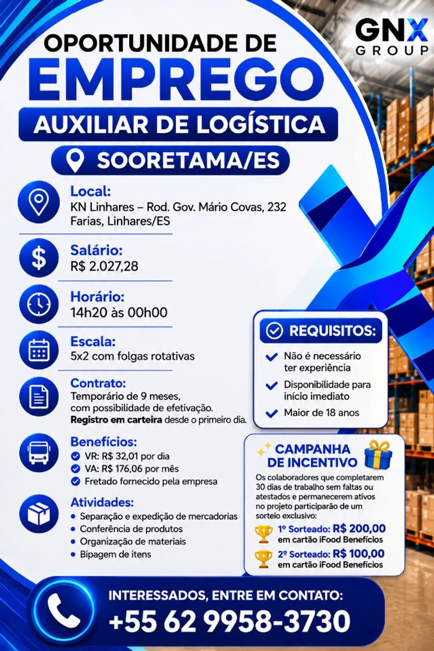 VAGA DE EMPREGO - AUX DE LOG SOORETAMA/ES