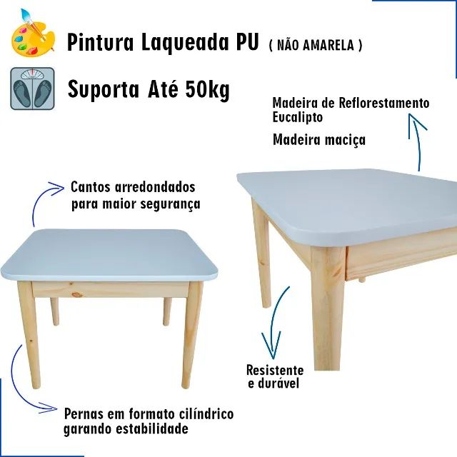 Mesa Mesinha Feita de Elcalipto Infantil Branca Modelo Bélgica Retangular - Foto 3