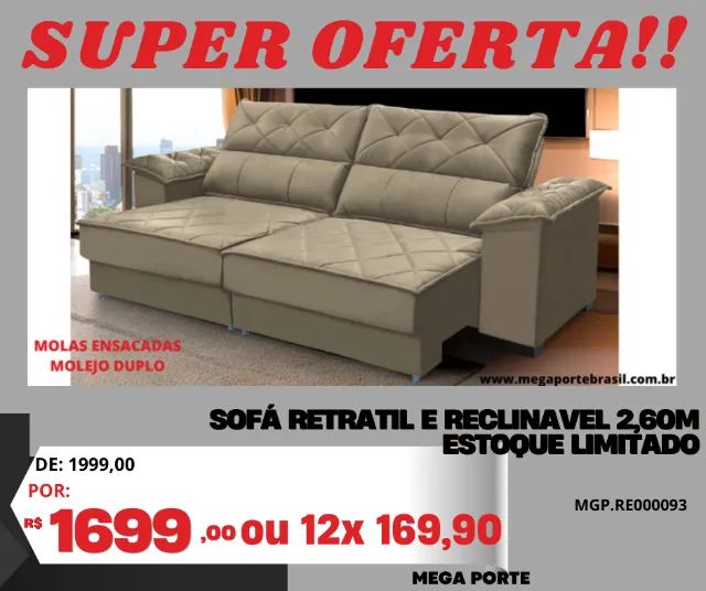 Sofá Retrátil e Reclinável 2,60m Molas Ensacadas Estofado Liquida