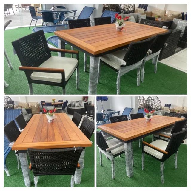 Conjunto mesa Itália tampo madeira perobas / cadeiras corda nautica