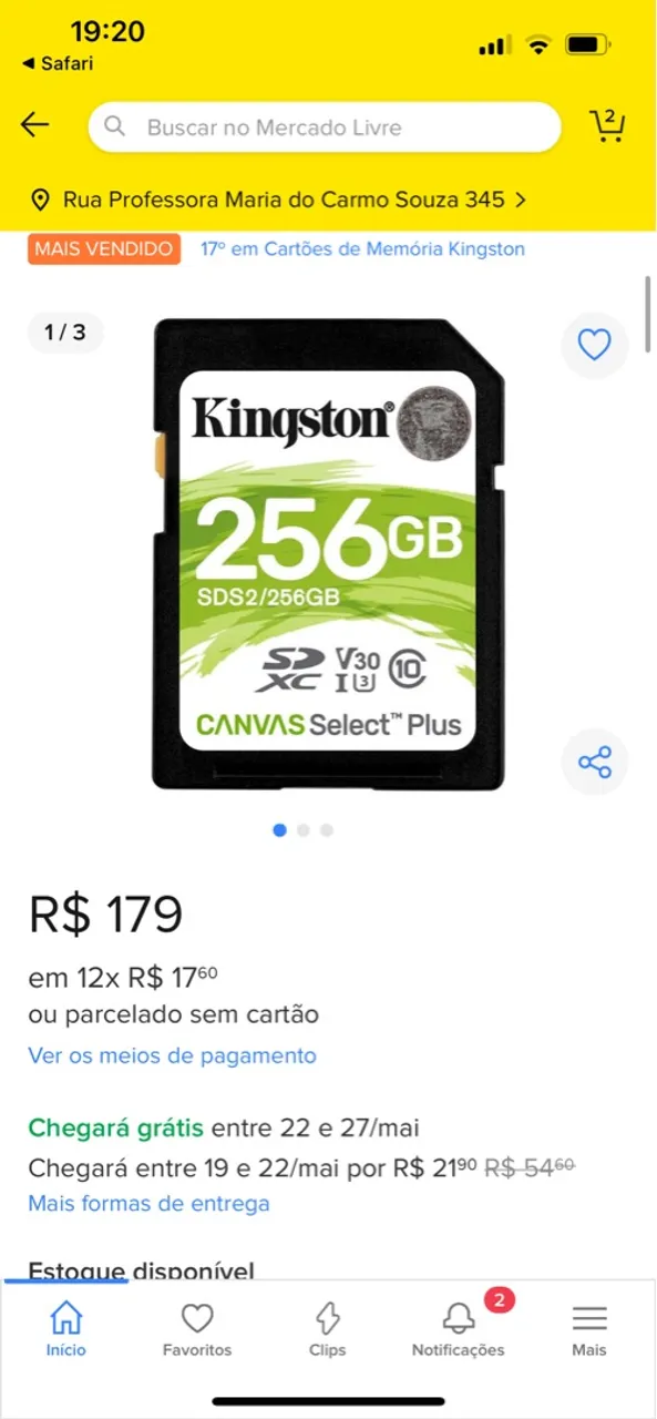 Cartão de Memória Kingston Canvas Select Plus 256GB - Classe 10 V30 U3