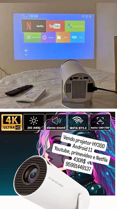 Projetor HY300 Android 11 4K - Netflix, Youtube, Prime Video