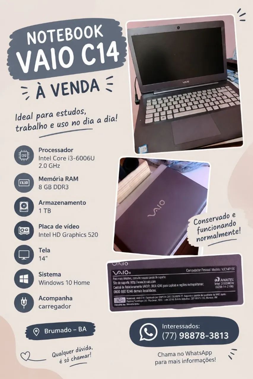 NOTEBOOK VAIO C14 À VENDA