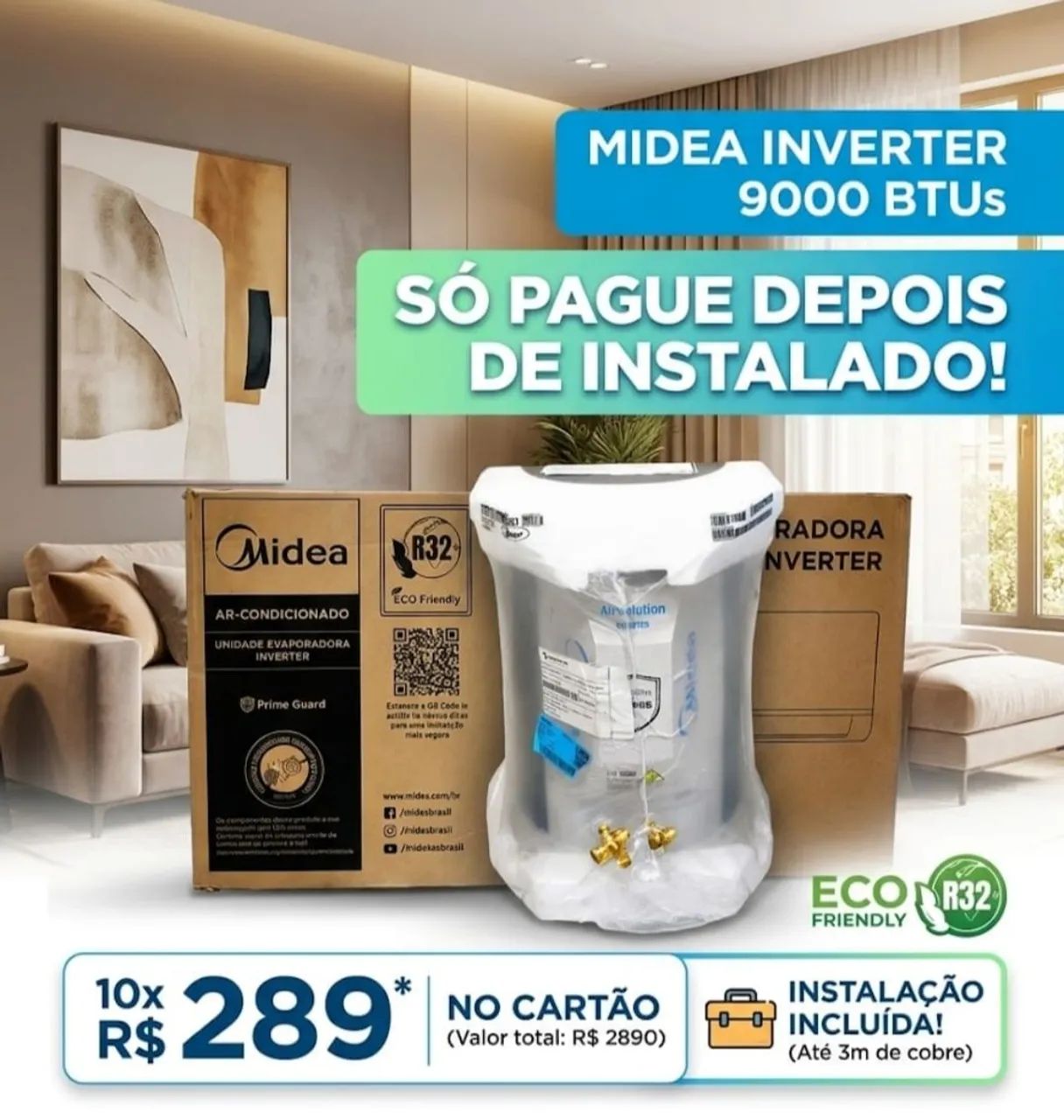 AR CONDICIONADO MIDEA 9.000 BTUs INVERTER + INSTALAÇÃO | 10X R$ 289