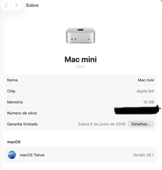 Mac Mini M4 512GB 16GB RAM garantia até Junho de 2026