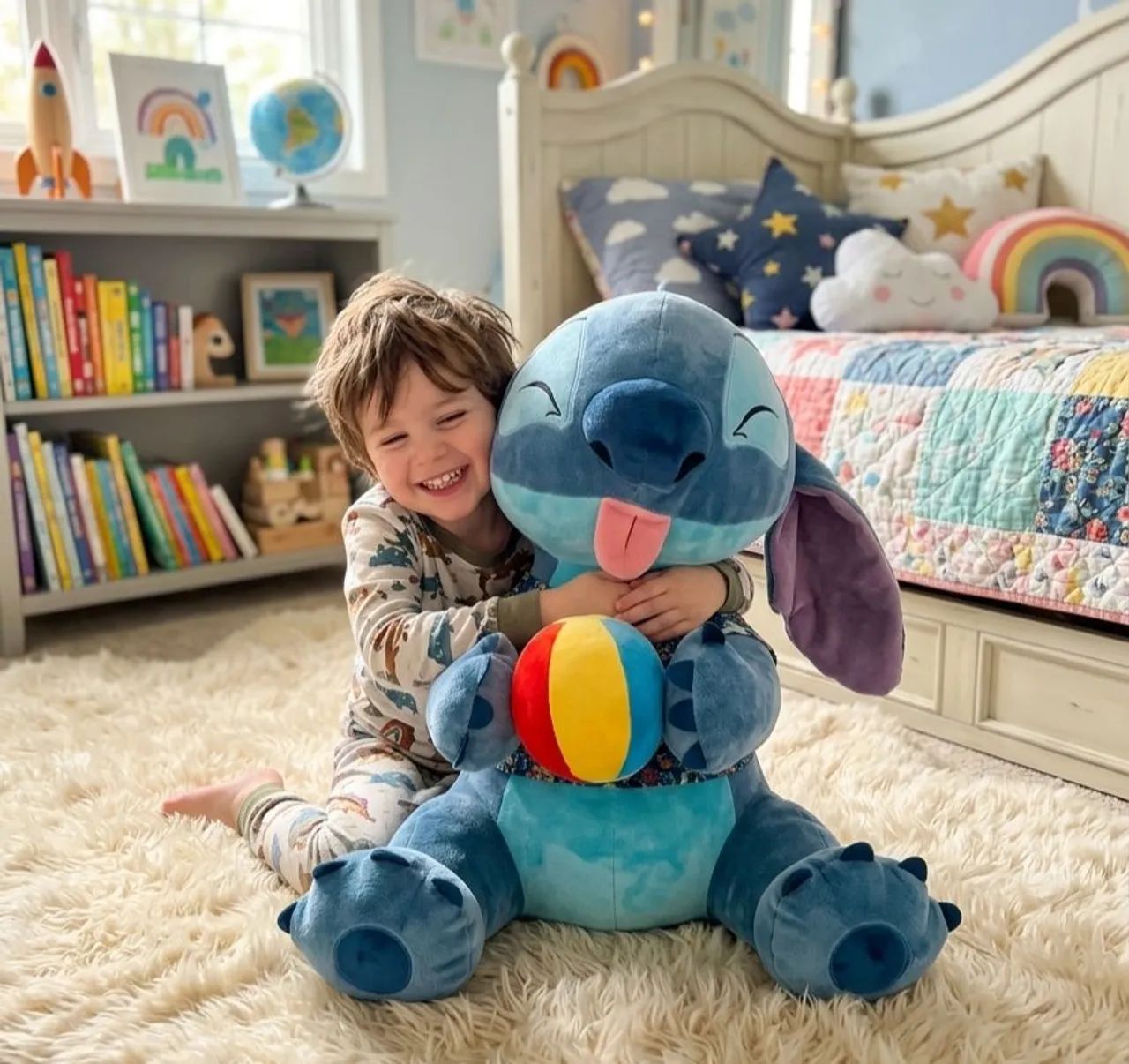 Boneco Pelúcia Stitch Disney Com Camisa E Bola Colorida 100cm - Foto 3