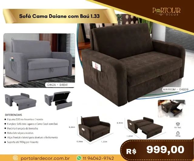 Sofá cama Daiane com baú 1.33, a pronta entrega 