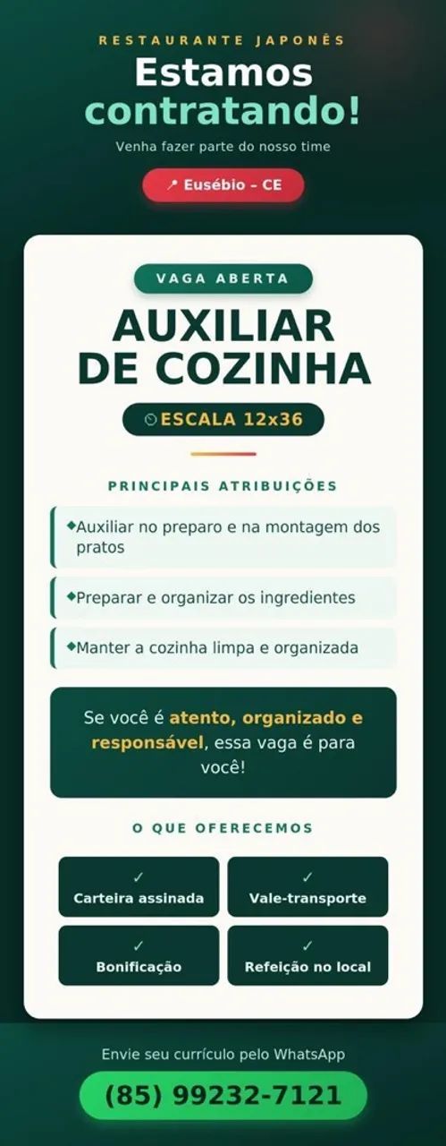 VAGAS EM RESTAURANTE NO EUSÉBIO - Foto 2