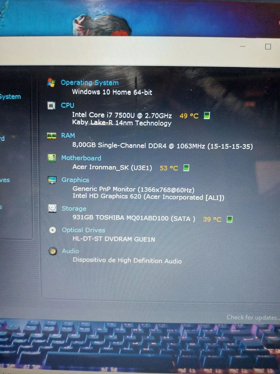 Vendo Notebook Acer intel Core i7-7°GER/ HD de 1Tera/ 8GB DDR4 office+Programas leia.. - Foto 3