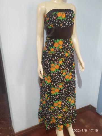 Vestido feminino floral M Longo, tomara que caia