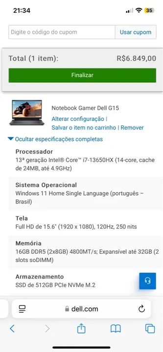 Notebook Gamer DELL G15 5530 i7-13650HX + RTX 3050 6Gb - Foto 5
