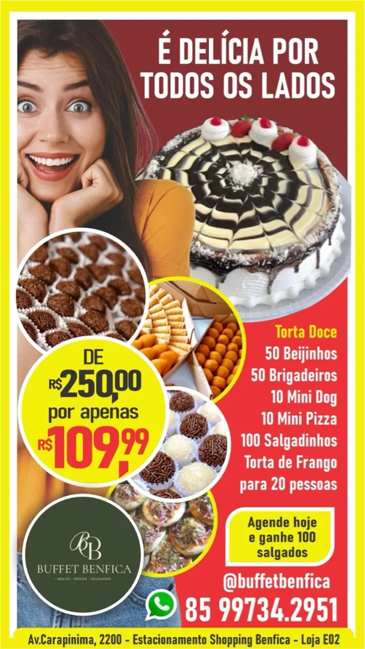 Buffet Completo com Torta Doce - De R$250,00 por R$109,99