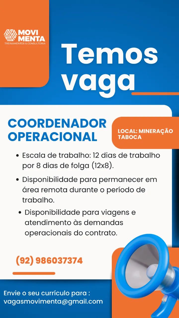 COORDENADOR OPERACIONAL - MINERAÇÃO TABOCA