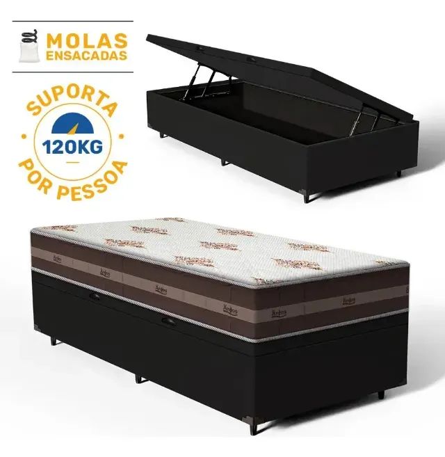 Cama Solteiro Completa com Colchão + Box Suede Baú