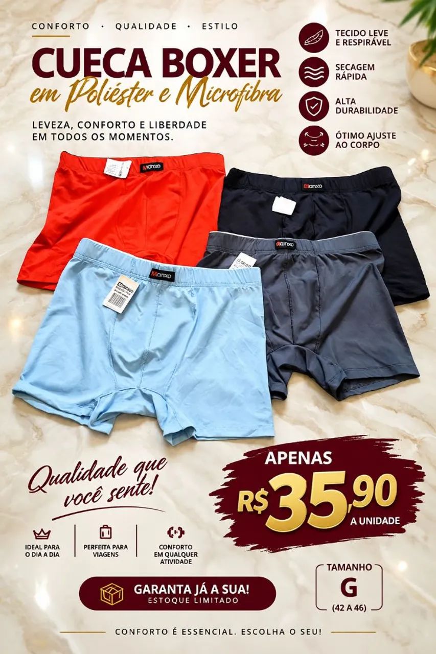 Cueca Boxer Masculina Microfibra e Poliéster 