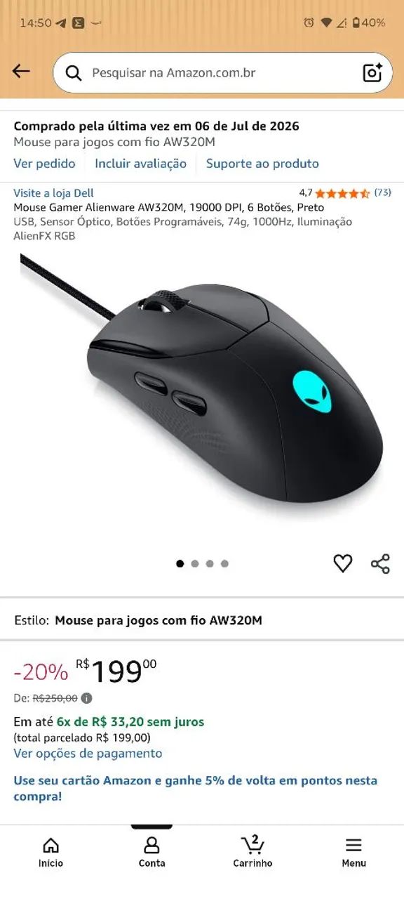 Mouse gamer Alienware 320m 19000 DPI
