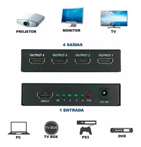 switch hdmi splitter distribuidor hdmi 1 para 4 divisor ad142 - Foto 3