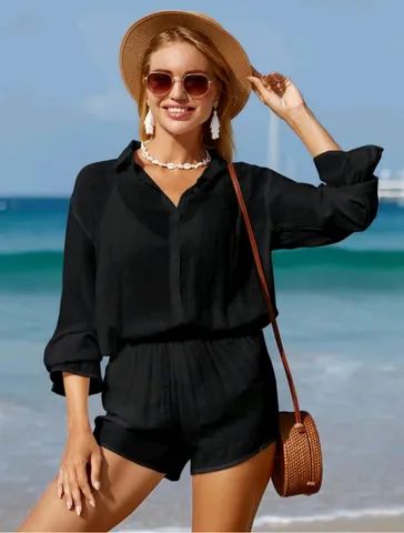 Roupa de praia short e camisa de botão preta  - Foto 3