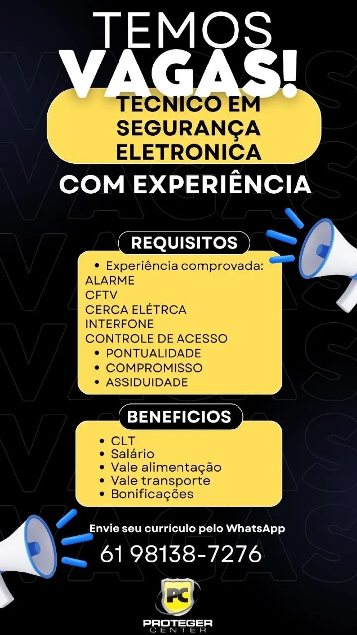 Vaga Técnico Segurança Eletrônica (com experiência)