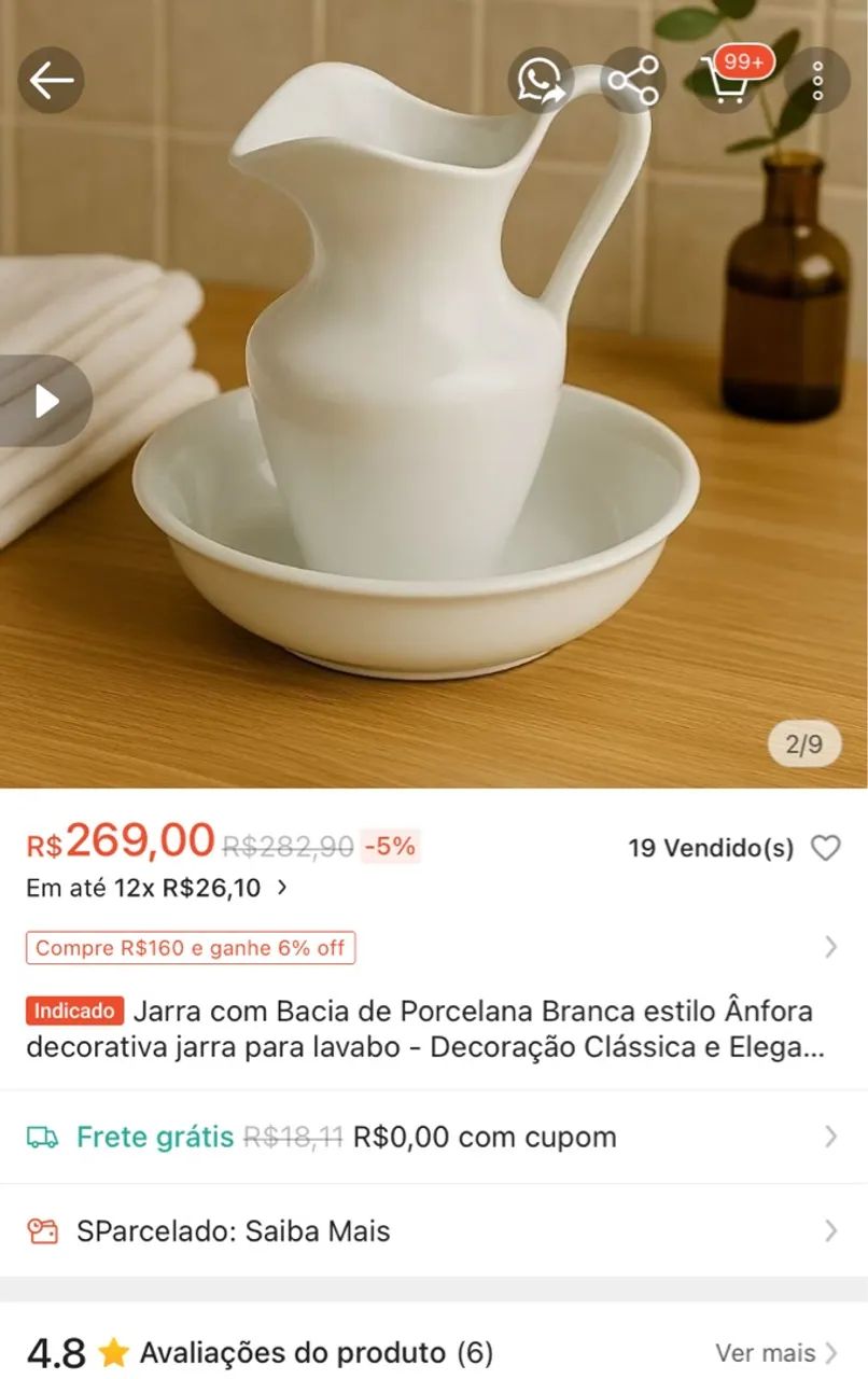 Jarra com Bacia de Porcelana Branca estilo Anfora - Foto 3