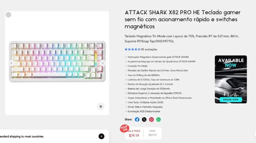 Teclado Magnético Attack Shark X82 Pro HE 75%  - Foto 2