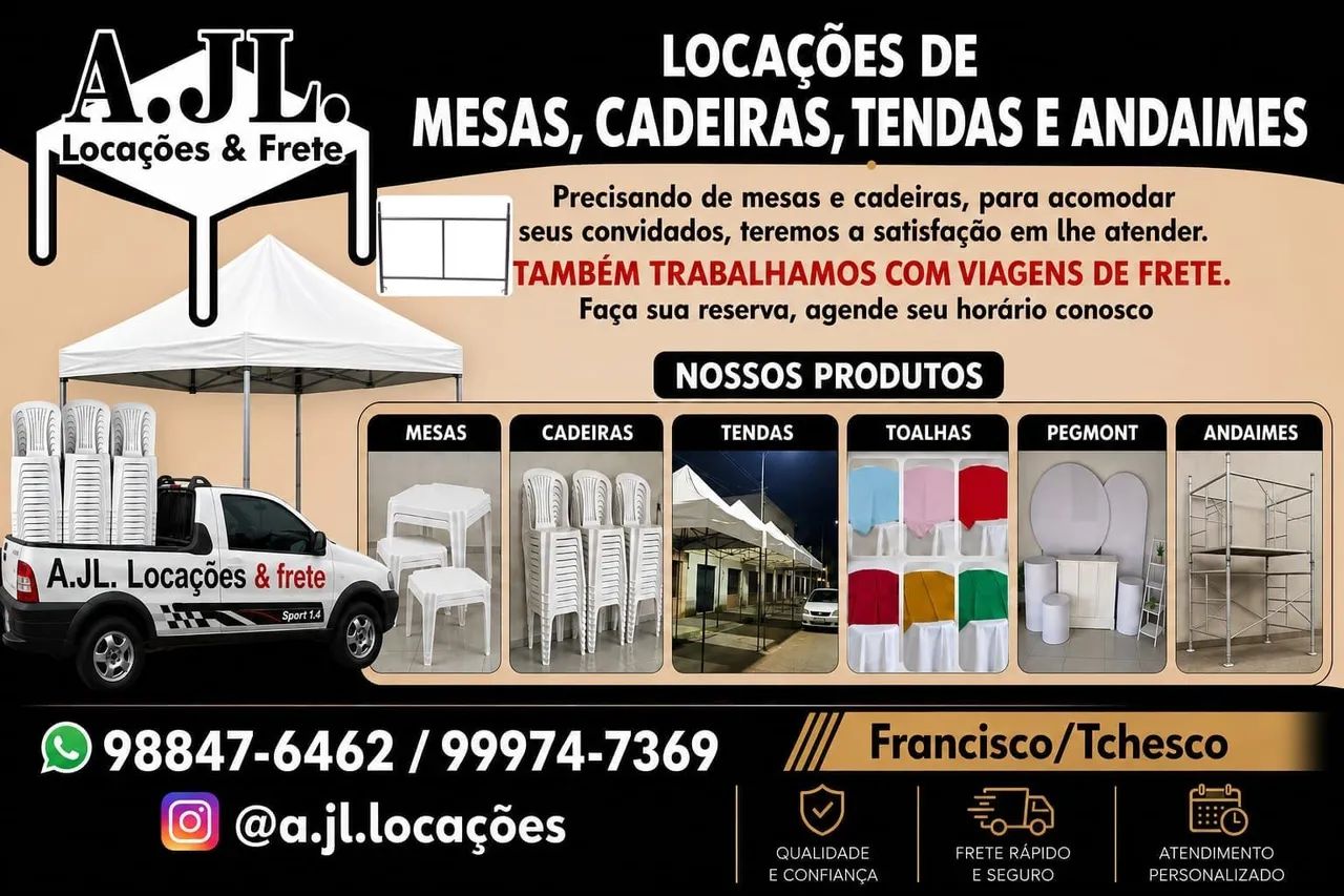 Locação de mesas, cadeiras tendas e andaimes 