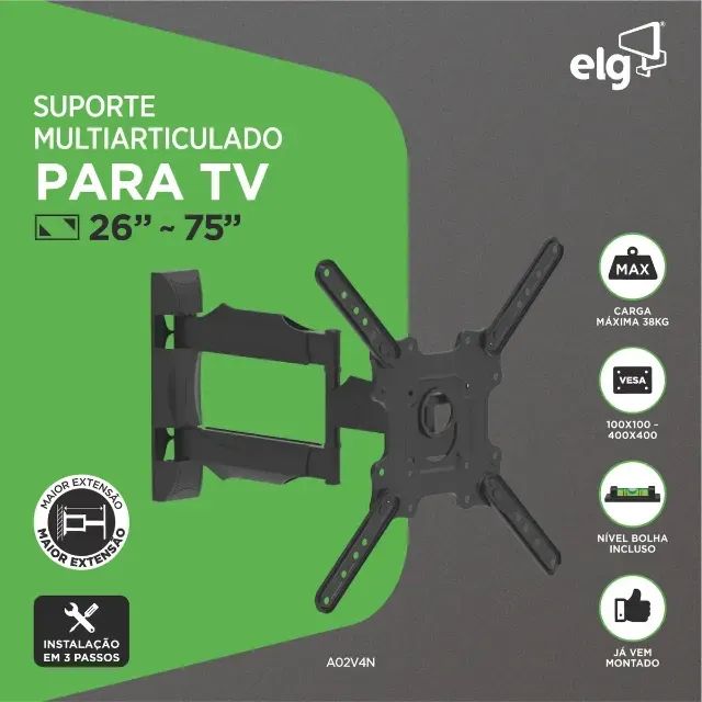 Suporte Articulado Parede TV 26 a 75 Polegadas 38kg ELG Giratório 90° Inclinável - Foto 2