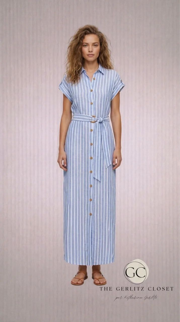 Zara Vestido midi listrado azul e branco - estilo camisa - com cinto
