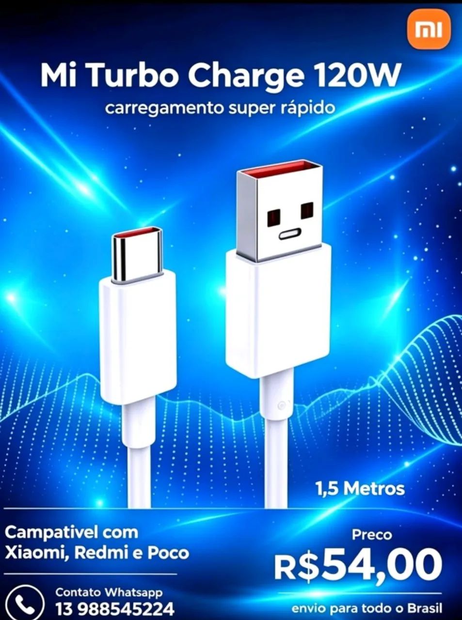 CABO XIAOMI 2METROS ORIGINAL ATIVA MI TURBO CHARGE