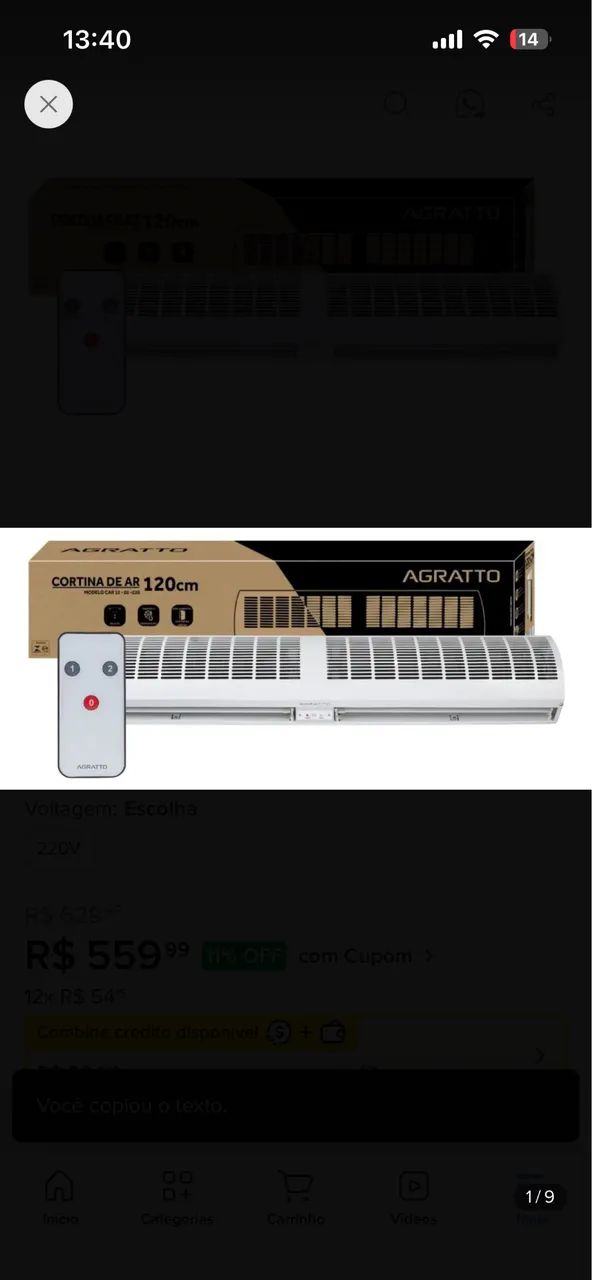 Cortina de ar 120cm com Controle Remoto Agratto Monofasico CAR12-02