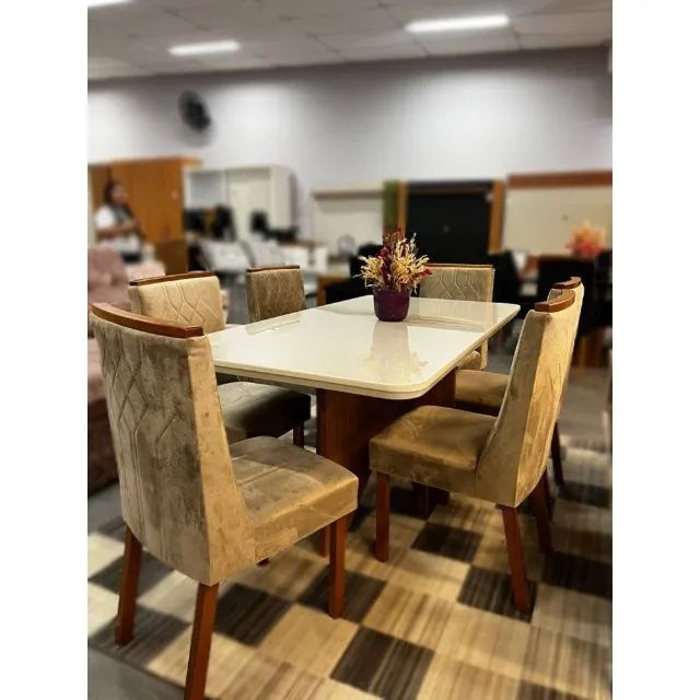 Mesa de Jantar 6 Cadeiras Laqueado Bege
