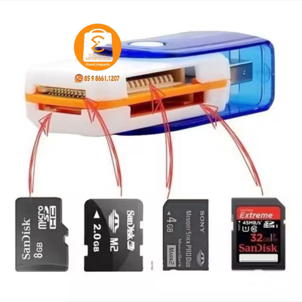 Adaptador USB Leitor Cartão de Memória 4 em 1 vários tipos