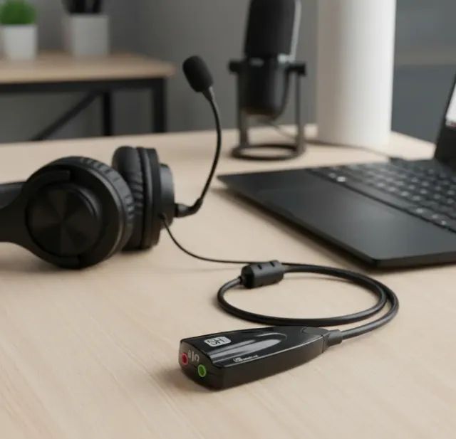 Adaptador de Áudio USB P2 som e microfone Placa Externa Preta PC Notebook - Foto 4
