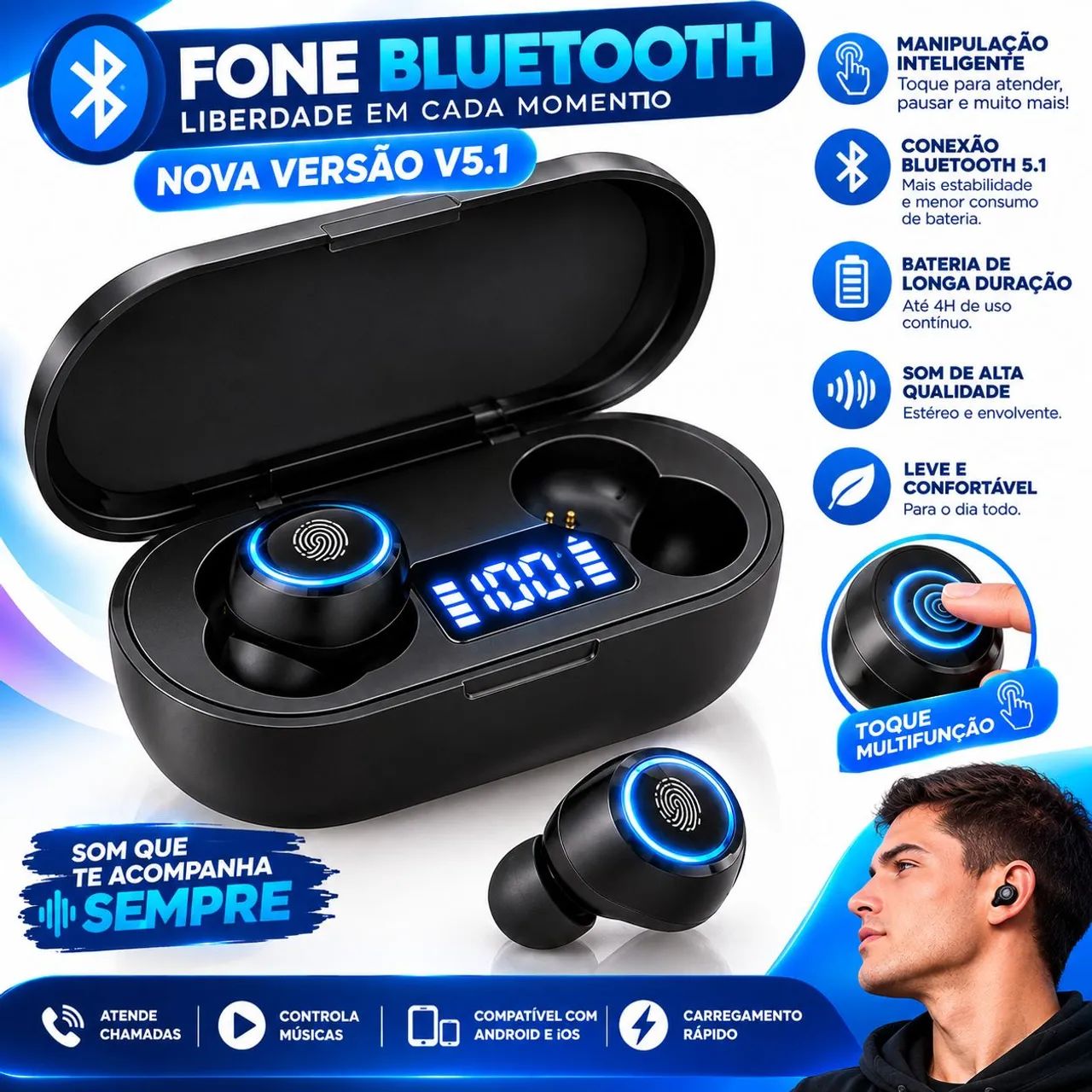 Fone de Ouvido Bluetooth AirDots TWS Sem Fio - Display LED, Case e Microfone - Foto 3