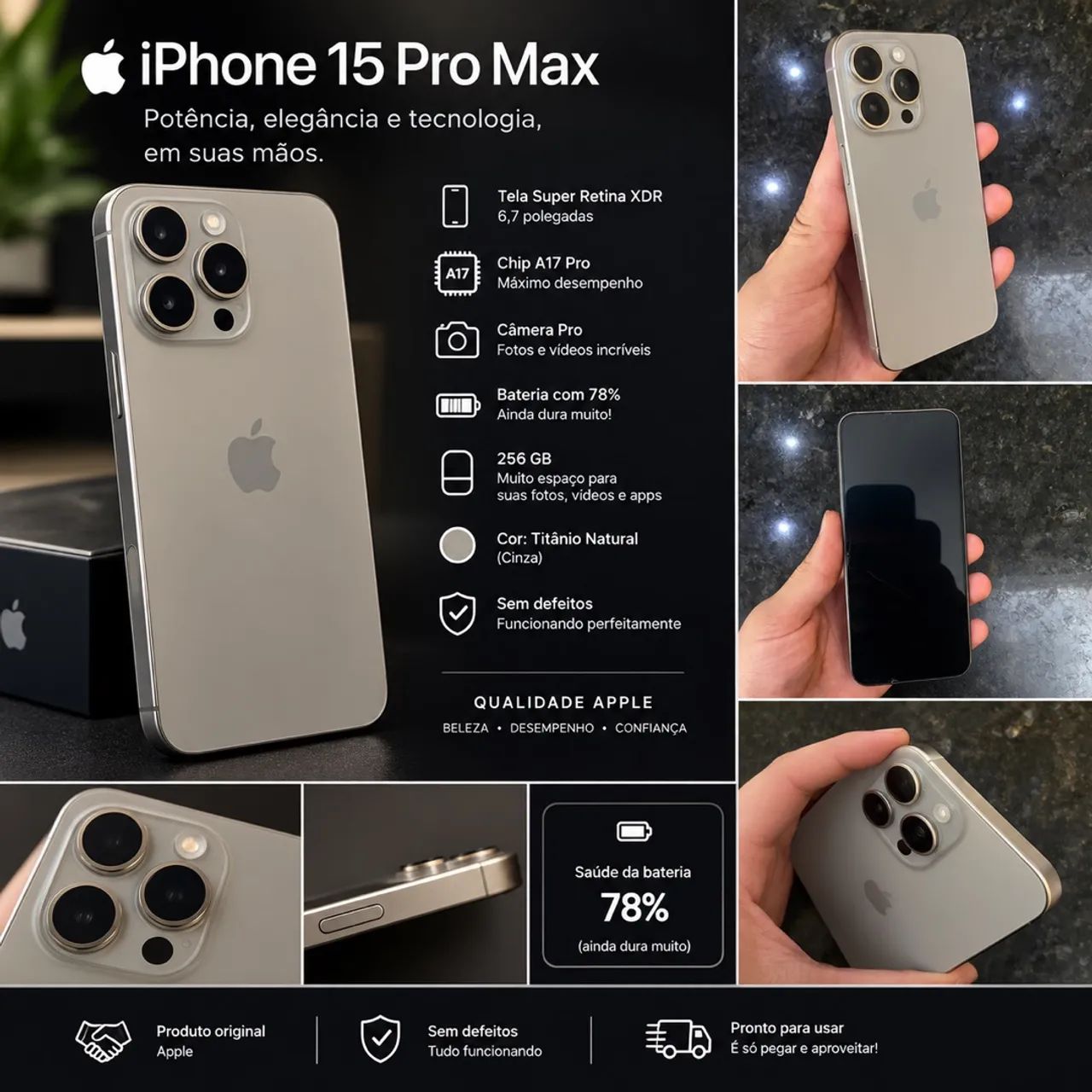 IPHONE 15 PRO MAX 256GB CINZA - Celulares e Smartphones