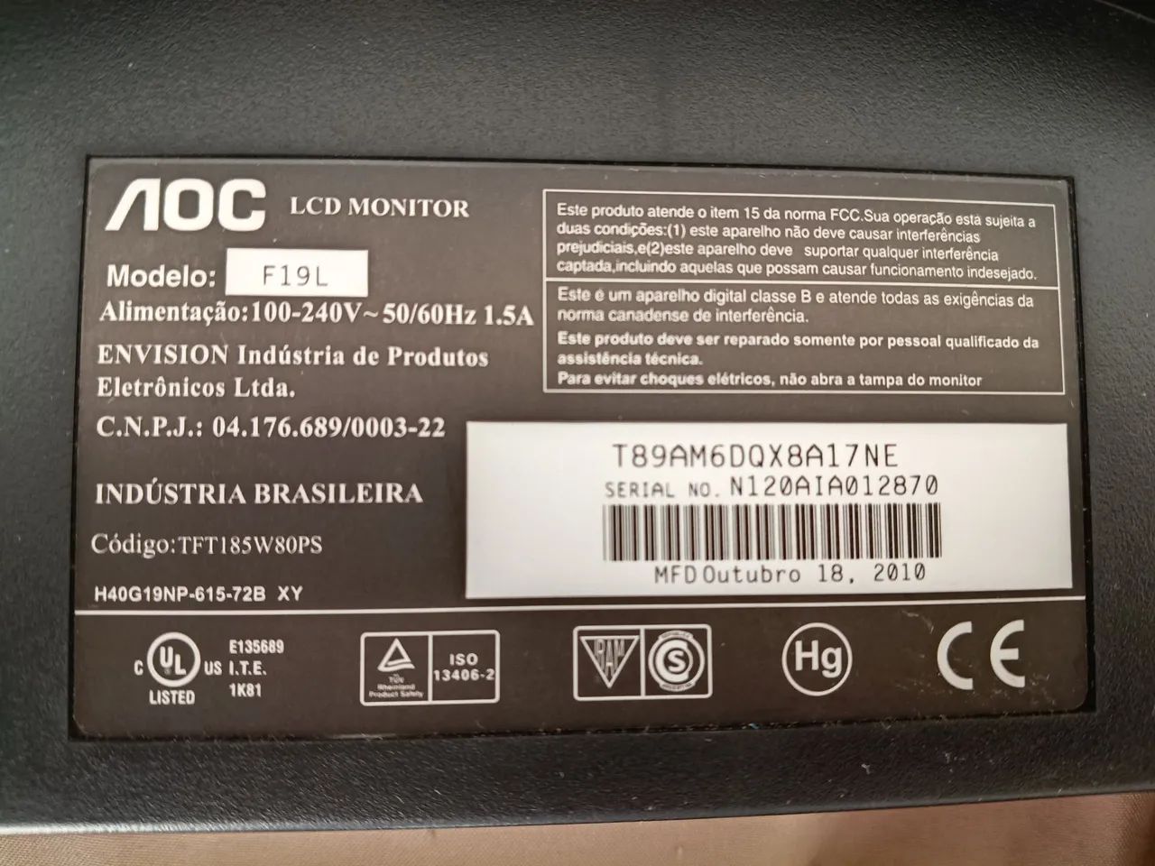 Monitor LCD AOC (modelo F19L) - 19 polegadas - Usado - Foto 2