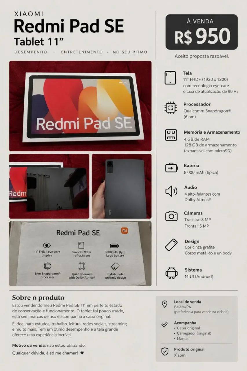 Vendo Xiaomi Redmi Pad SE 11? ? R$ 950,00